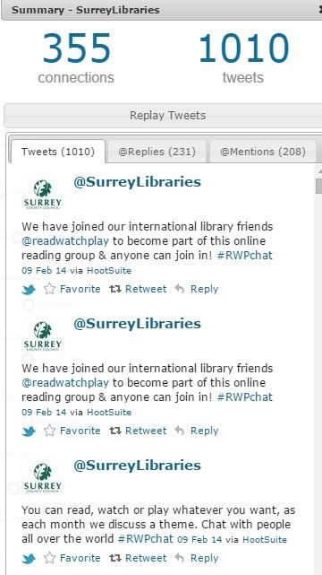 Figure 3: This shows part of the Surrey Libraries discussion. It shows the total number of tweets and the replies and mentions; how you read this information can change how you see the conversations.
