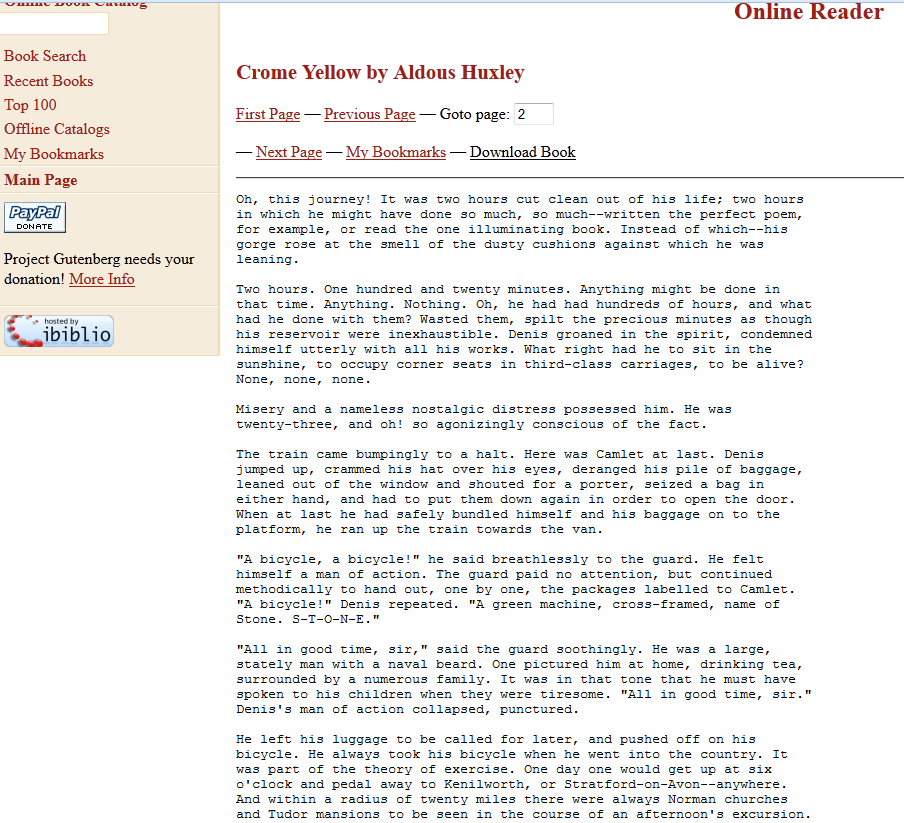   Figure 5: Crome Yellow in the Project Gutenberg Online Reader format. Note the use of “pages” and “bookmarks” as affordances of the material book re-introduced to the reading experience online.
