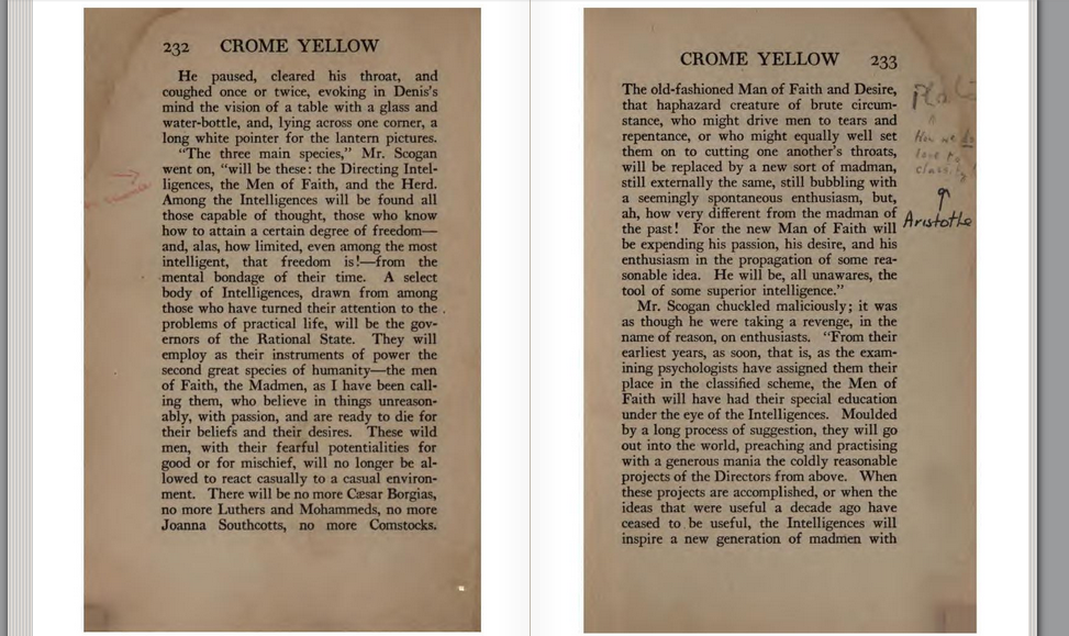 Figure 7: Google Books preview of Crome Yellow with stained, yellow pages and annotations in the margins. The dispute here is about whether it is Plato or Aristotle that is of relevance to the text.