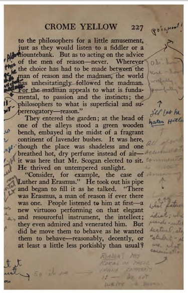 Figure 8: A scan from Crome Yellow housed in the Internet Archive showing a range of different commentators in the marginalia. “Poignant,” someone has noted in the upper right margin, though it is unclear whether it is the printed text that is poignant or someone else’s commentary in the margin.