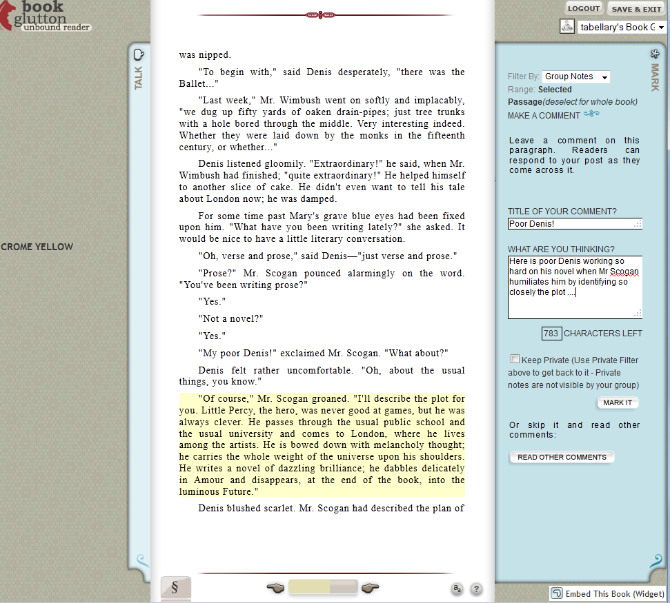 Figure 14: Crome Yellow in the BookGlutton framework, including the highlighting and notes functions.