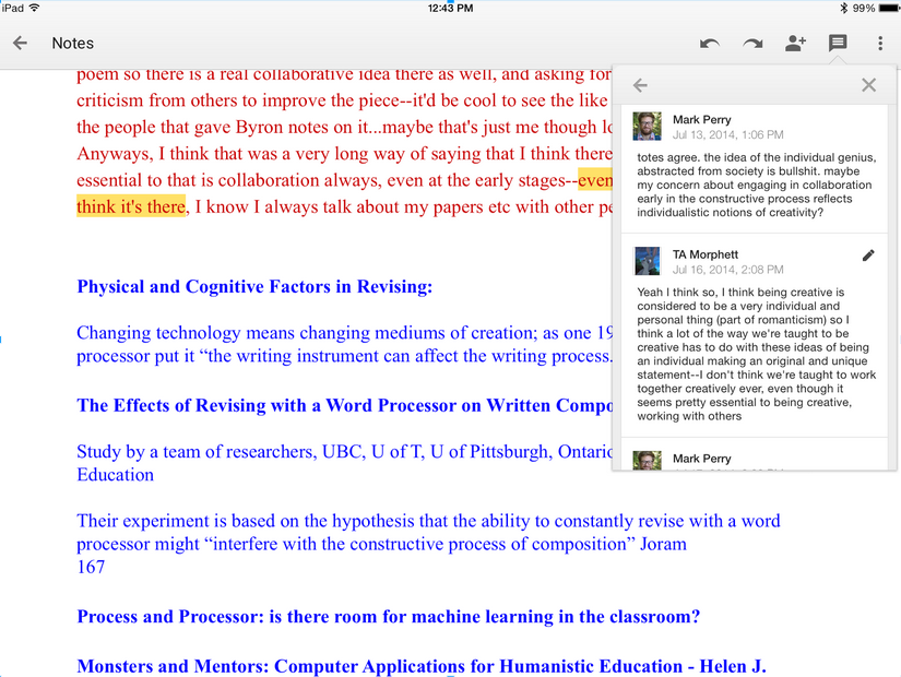 Figure 4: The comment feature available in Google Docs (screen-capture taken from an iPad)