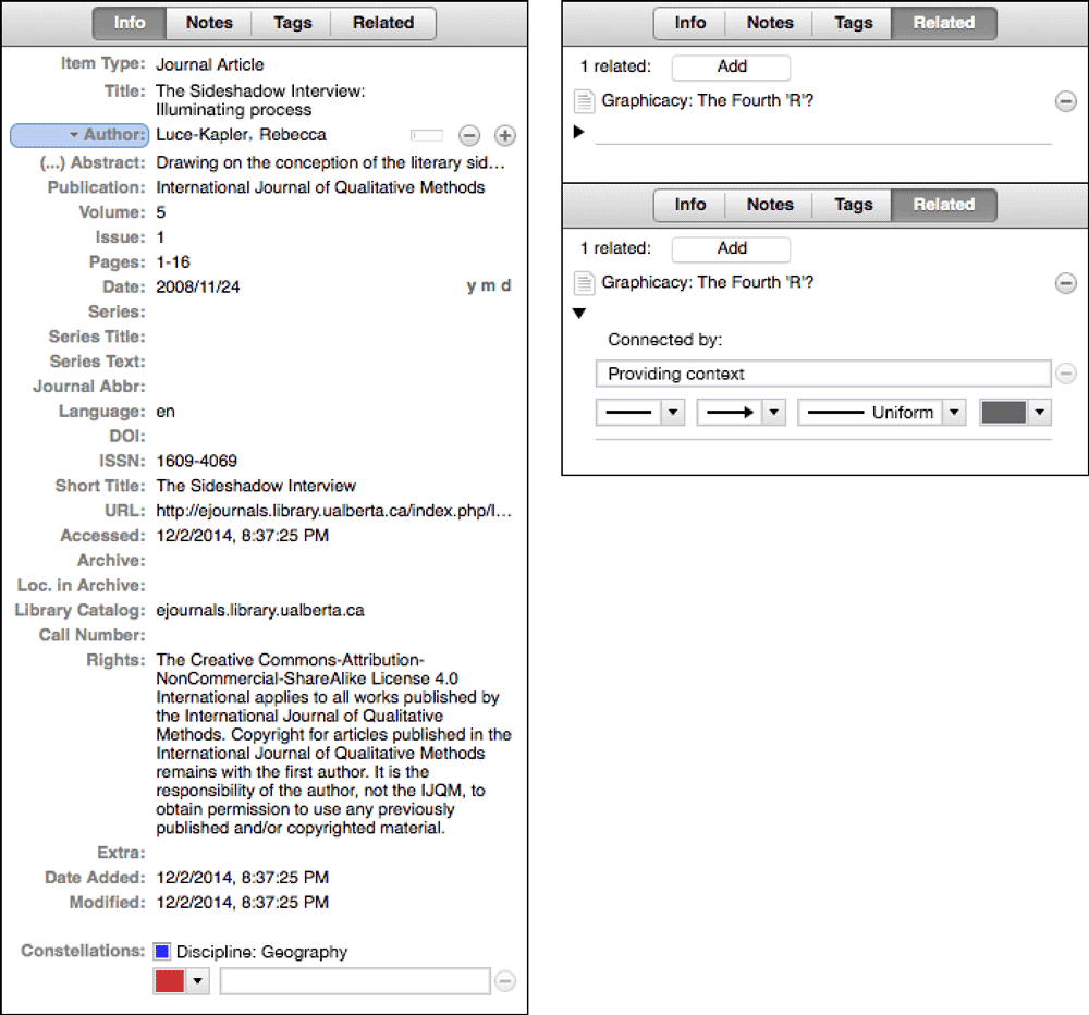 Figure 3: On the left is a mock-up of the additions to the default input fields in Zotero (“Constellations”). On the right are additions to Zotero’s default documents relations fields. These additions will inform the character of the relations between the documents and the directionality of these relations (e.g., who cites whom).