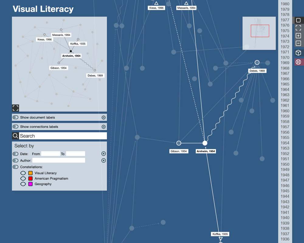 Figure 6: Application of design premises – arrows represented by default. Hovering over an individual item would highlight nodes and connecting arrows (items outside of the main view are signalled by an triangle).