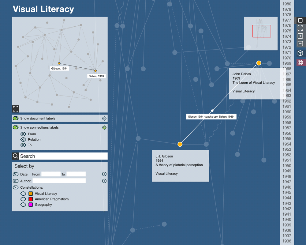 Figure 9: Application of design premises – selection of two items by clicking them, showing document and connection labels, controlled from the connections pane
