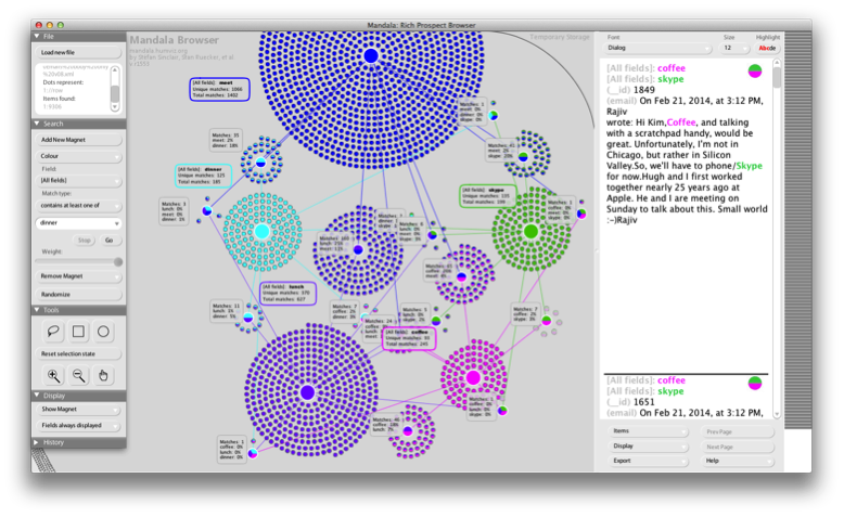 Figure 1: The existing Mandala Browser interface, before rewriting the code to add an API. This version shows an analysis of email messages (email address redacted).