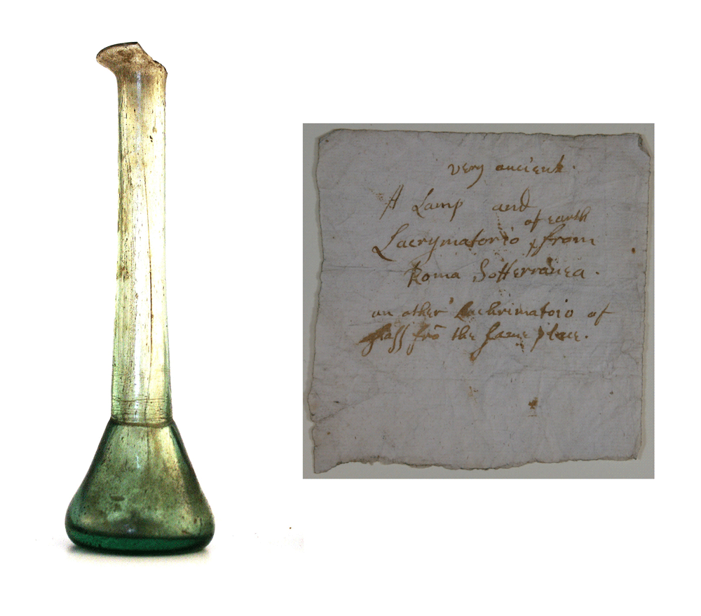Figure 4: John Bargrave’s lachrymatory and label. Source: Canterbury Cathedral Archives